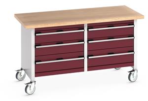 41002106.** Bott Cubio Mobile Storage Workbench 1500mm wide x 750mm Deep x 840mm high supplied with a Multiplex (layered beech ply) worktop and 6 drawers (4 x 150mm high and 2 x 200mm high).   Supplied with 125mm Castors this workbench has a 300kg UDL capacity....